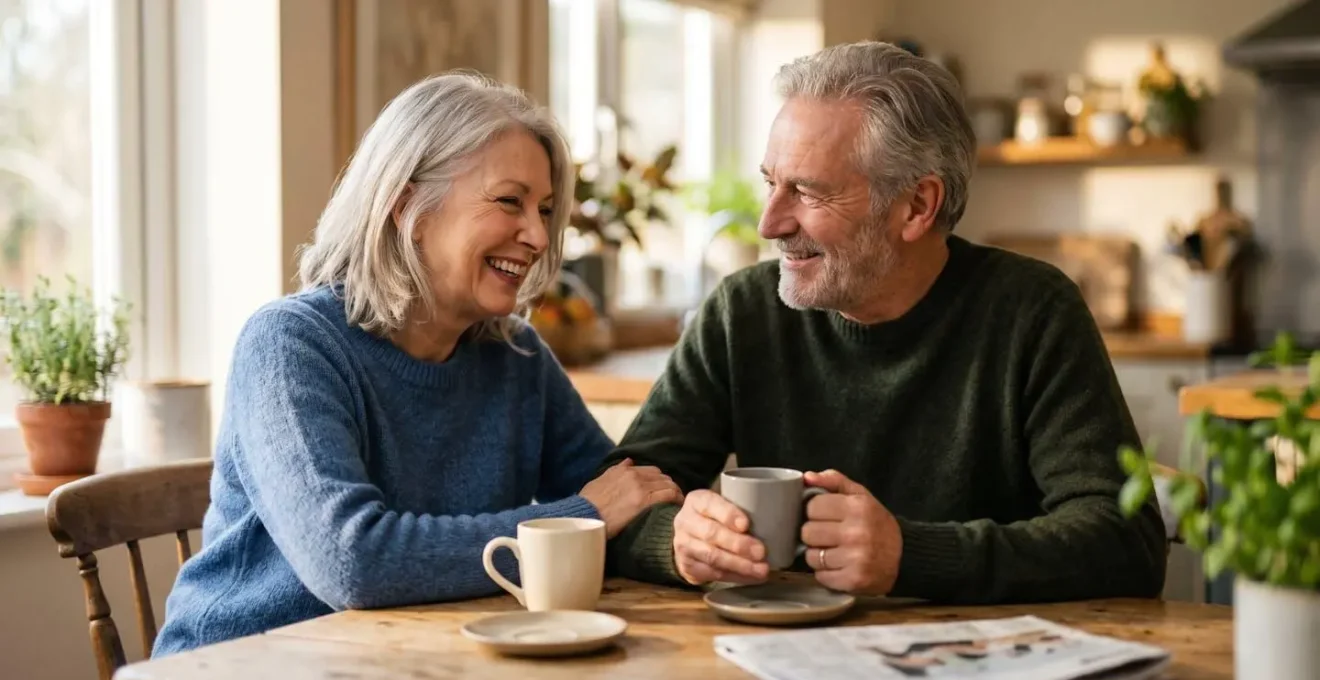 A relaxed and happy couple in their 60s enjoying coffee in their kitchen, representing financial peace of mind.