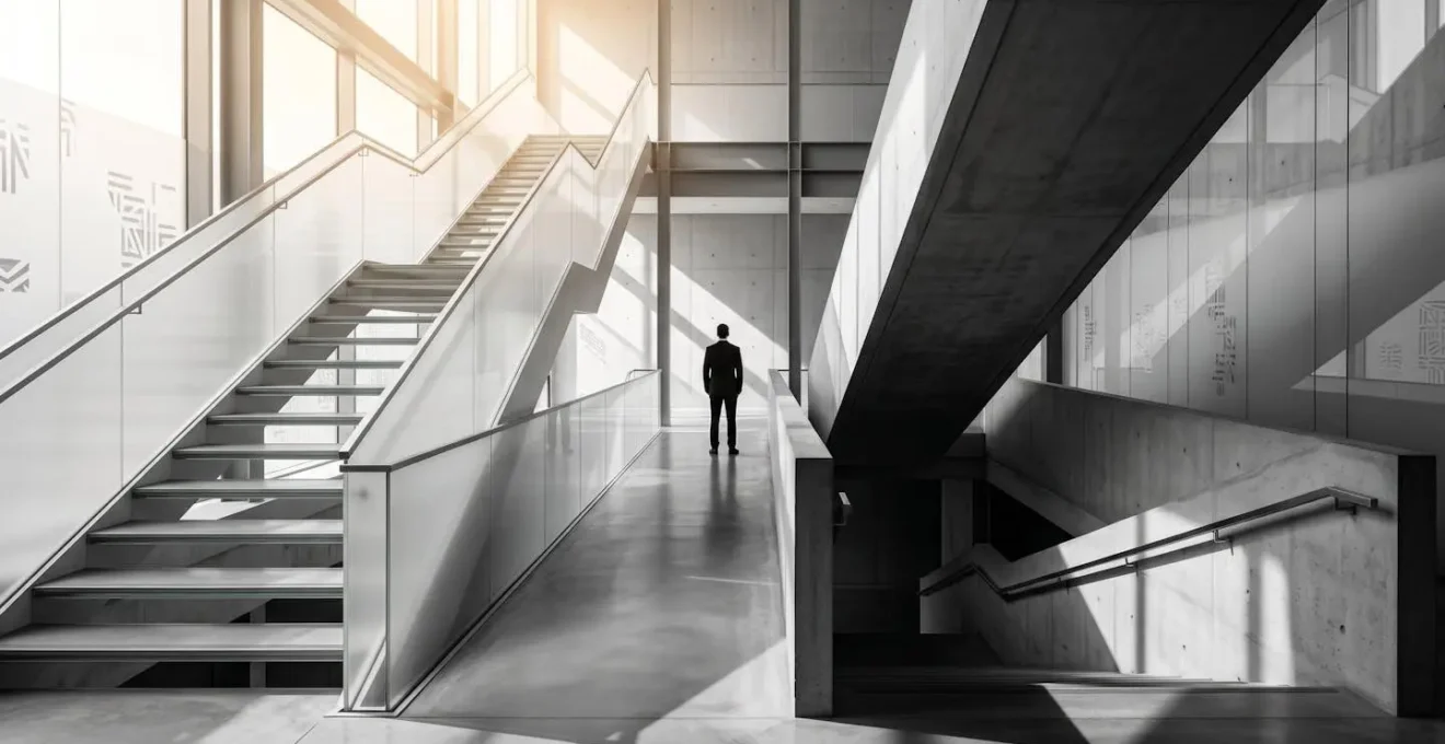 Visual metaphor showing an ascending glass staircase for revenue growth diverging from a descending concrete ramp representing cash flow.