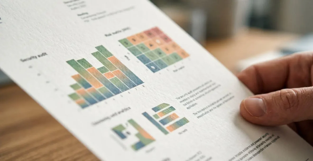 Professional reviewing complex security metrics and data visualizations on a security audit document