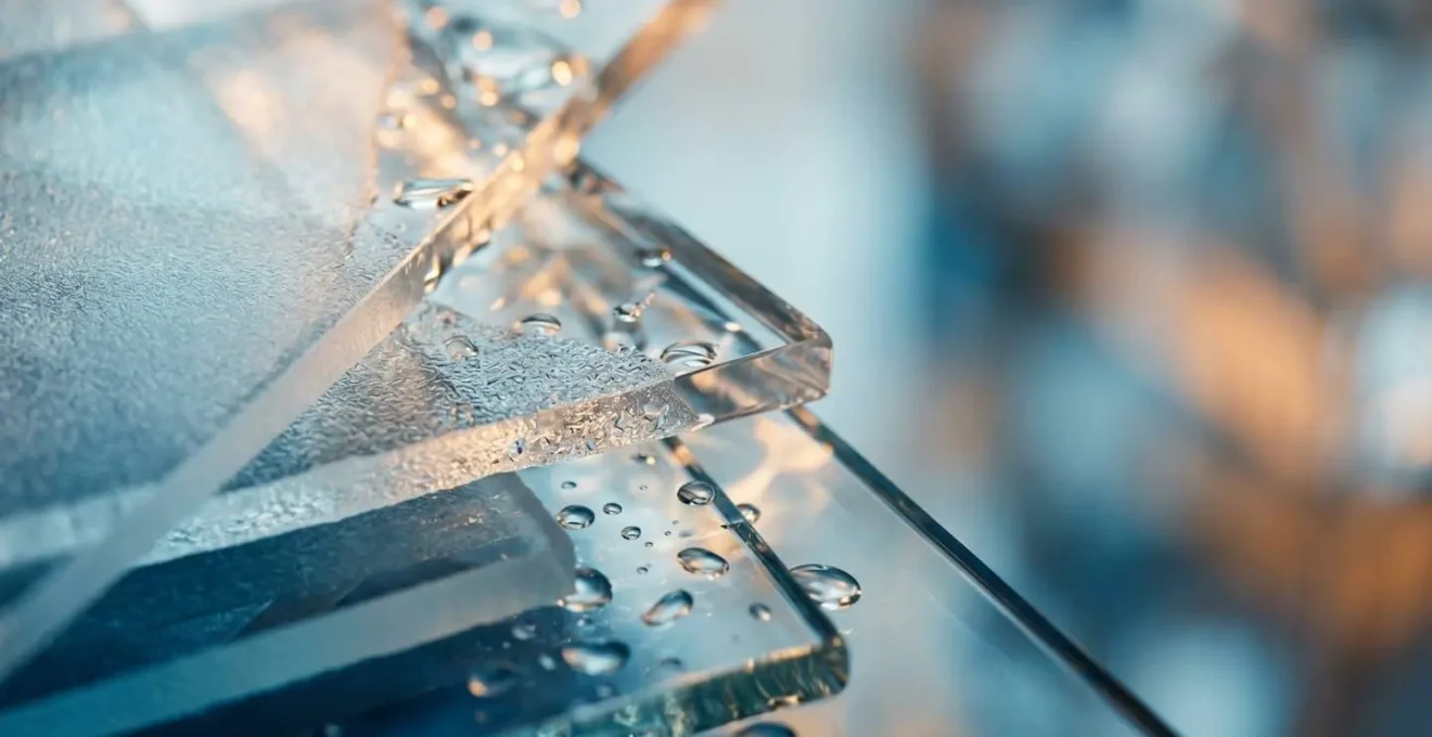 Extreme close-up of layered transparent glass surfaces representing blockchain settlement layers