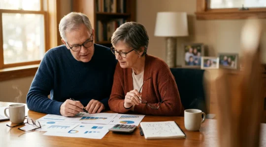 Mature couple reviewing financial documents at wooden desk with calculator and investment charts