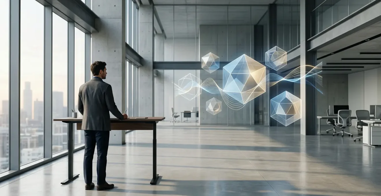 Professional investor analyzing portfolio allocation charts with market data visualizations in a modern office setting