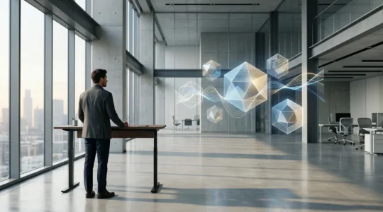 Professional investor analyzing portfolio allocation charts with market data visualizations in a modern office setting
