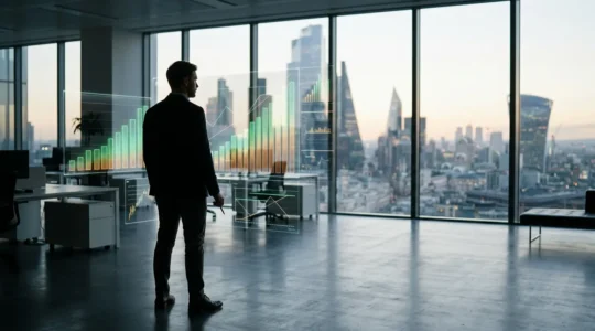 Trading floor with volume indicators and breakout charts displaying price movements