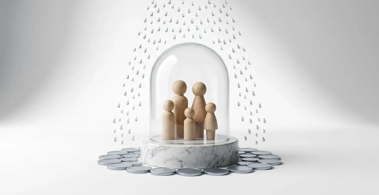 A glass dome protecting miniature family figures, symbolising a trust protecting family assets.
