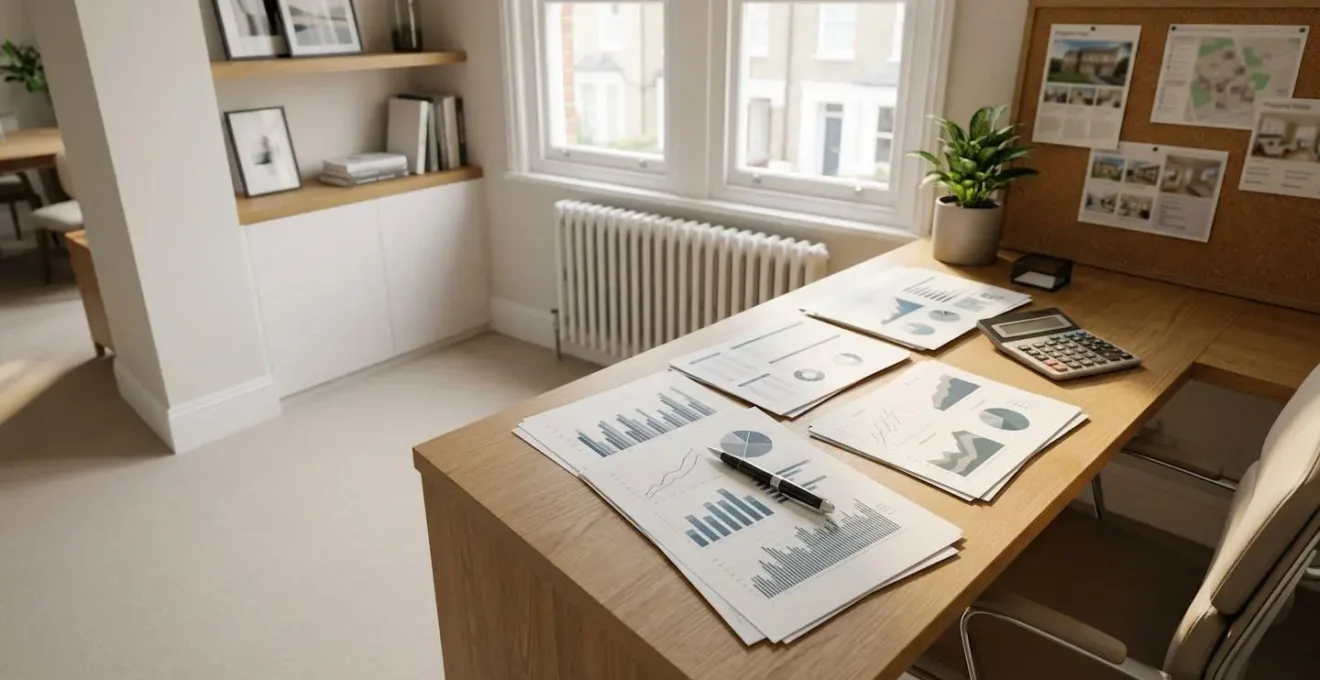 Professional analyzing UK credit reports with mortgage documents and property listings on desk