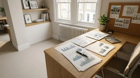 Professional analyzing UK credit reports with mortgage documents and property listings on desk