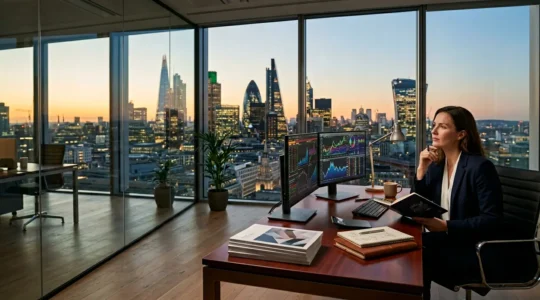 Financial analyst reviewing UK company balance sheets and stock data to identify undervalued opportunities
