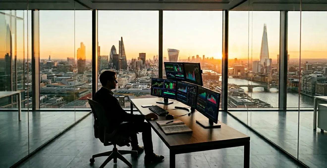Professional UK investor studying financial charts and market indicators on multiple screens in modern office
