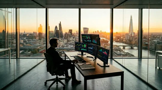Professional UK investor studying financial charts and market indicators on multiple screens in modern office
