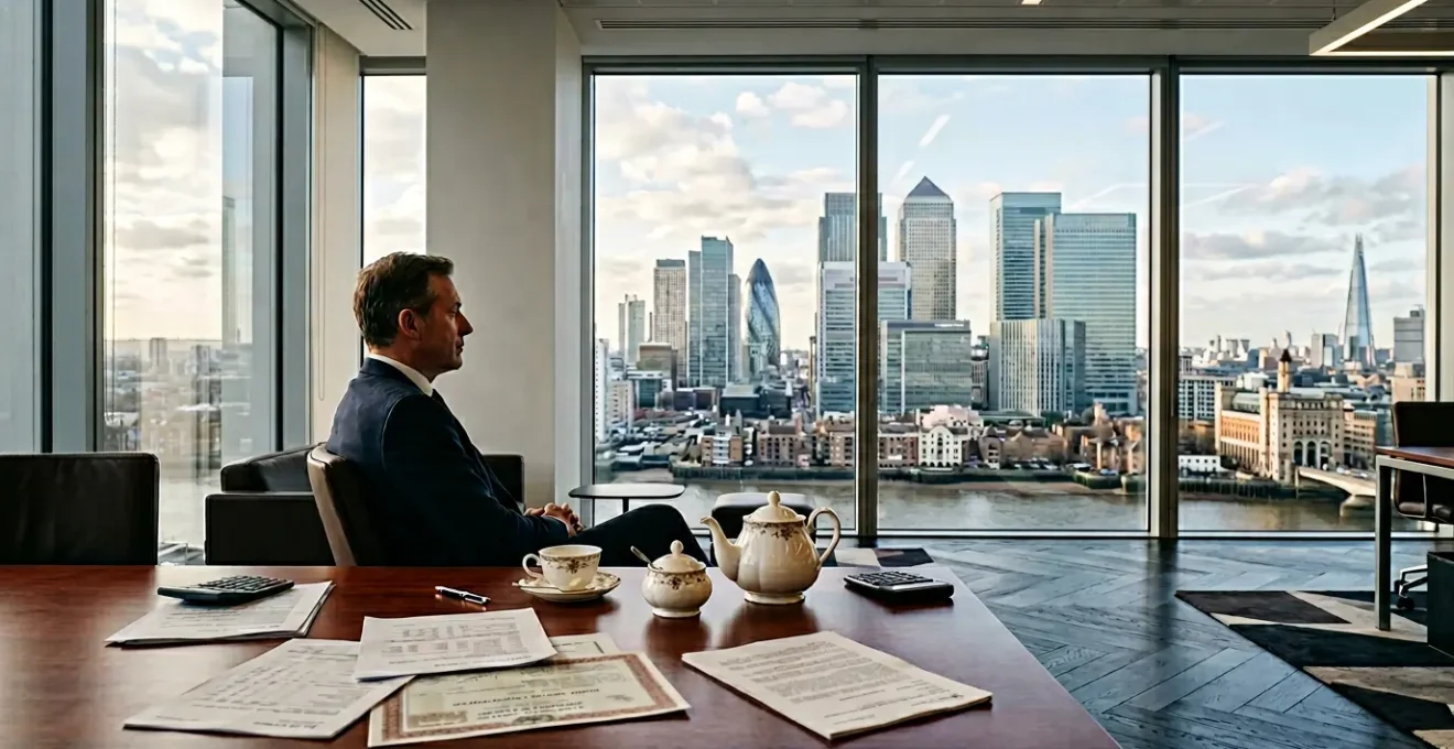 Professional investor analyzing UK retail bond documentation in modern London office with financial district skyline visible through windows