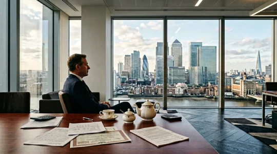 Professional investor analyzing UK retail bond documentation in modern London office with financial district skyline visible through windows