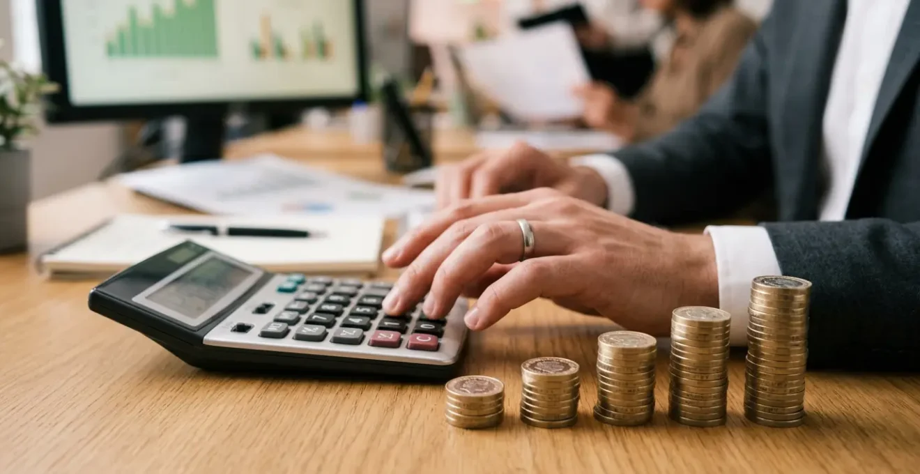 Professional hands reviewing financial documents with calculator and UK coins on desk