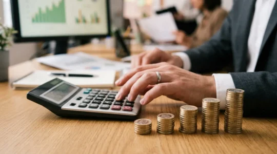Professional hands reviewing financial documents with calculator and UK coins on desk