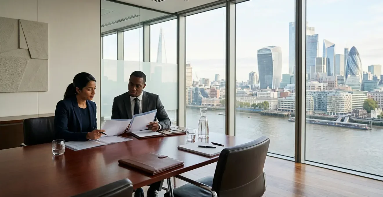 Professional advisors reviewing trust documents in modern British office setting