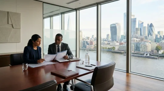 Professional advisors reviewing trust documents in modern British office setting