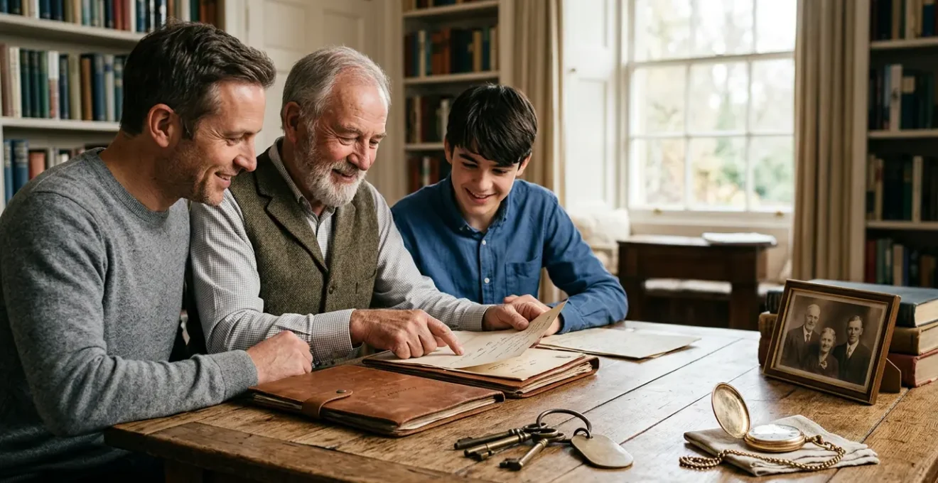 Multigenerational family examining documents at wooden table with property keys and vintage watch