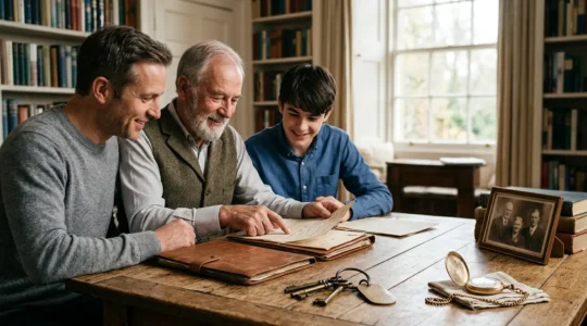 Multigenerational family examining documents at wooden table with property keys and vintage watch
