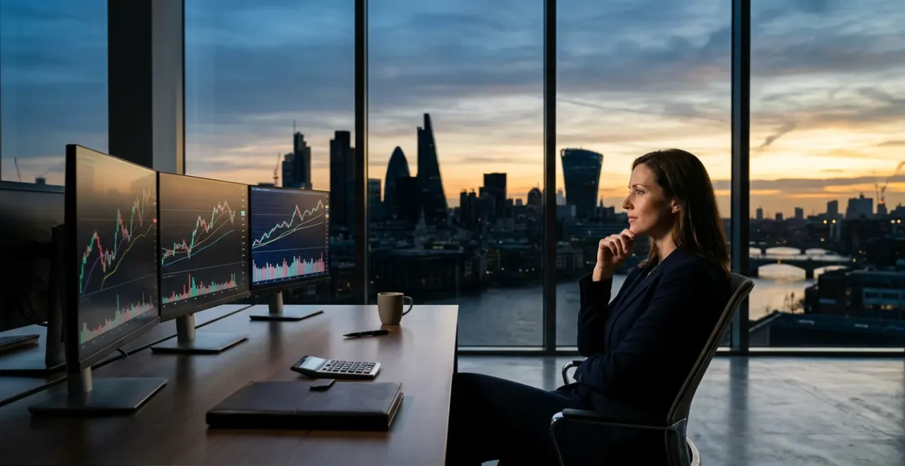 Financial professional analyzing market charts and portfolio on multiple screens in a modern London office