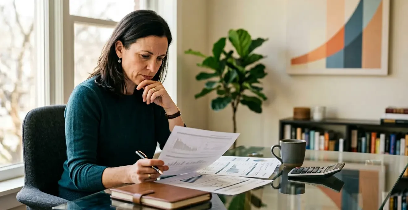 A professional in their 40s reviewing retirement planning documents in a modern home office with financial growth charts visible in soft natural light
