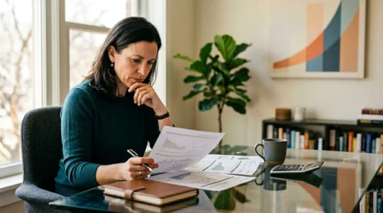 A professional in their 40s reviewing retirement planning documents in a modern home office with financial growth charts visible in soft natural light