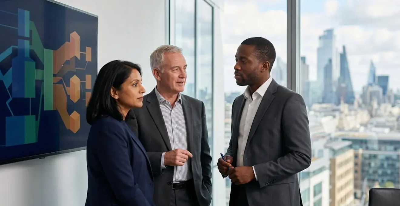 Professional trustees in formal boardroom reviewing trust portfolios
