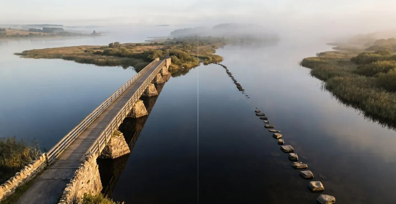 Visual comparison of Lombard loan strategy, a solid bridge, versus portfolio liquidation, disappearing stepping stones.
