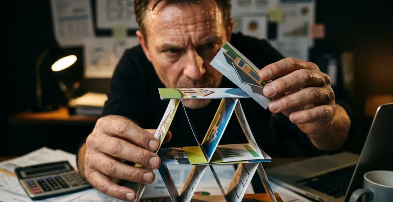 An investor's hands carefully balancing a house of cards made of mortgage documents, representing the risk of over-leveraging.